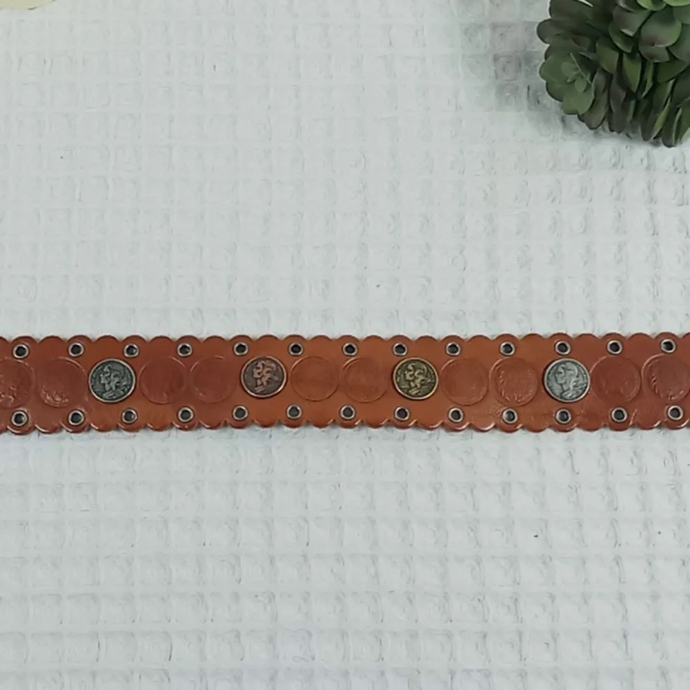 Fossil Brown Leather Belt With Coin Details Scalloped Edges And Grommets Size M - Picture 5 of 14